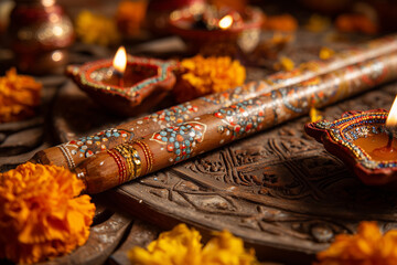 Close-up of dandiya sticks surrounded by diya and marigold petals for Navratri.

