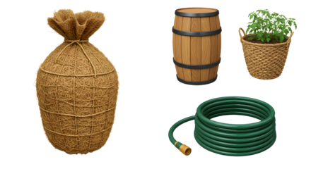 FARMING - Natural coconut fiber plant pot, wooden barrel, woven basket with herb plant, and green garden hose for outdoor gardening and plant care