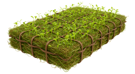 FARMING - Green moss cushion with small plant sprouts tied with natural twine, organic garden decor and eco-friendly nature concept