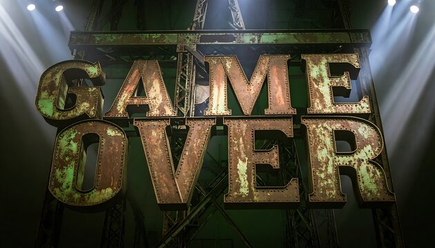 Rusty metal sign "Game Over" under dramatic spotlights
