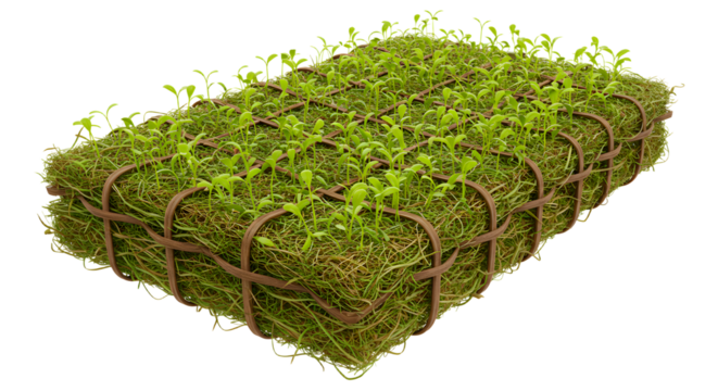 FARMING - Green moss cushion with small plant sprouts tied with natural twine, organic garden decor and eco-friendly nature concept