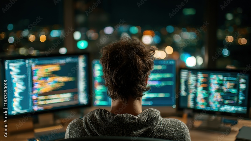 Aufkleber a person coding at multiple monitors, with city lights in the background, creating a high-tech, focu