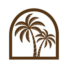 Two brown palm trees silhouetted within a brown arched frame on white background vector