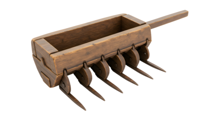 FARMING - Old wooden medieval spiked military trap with sharp metal spikes for defense and protection, vintage weapon perfect for historical or medieval themes