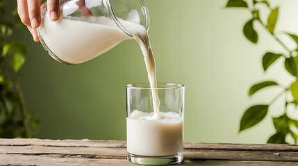 Fresh milk being poured from a glass jug into a clear glass on wooden table with green natural background.