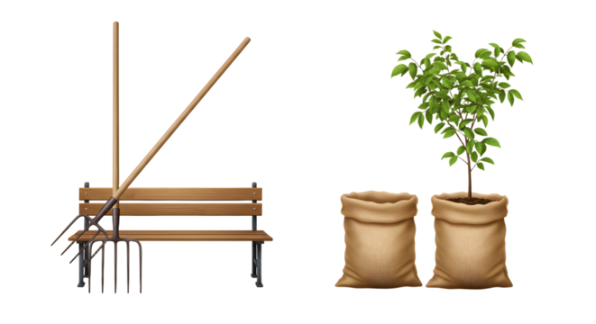 FARMING - Wooden bench with garden tools and young tree in bags with soil, gardening and outdoor planting concept
