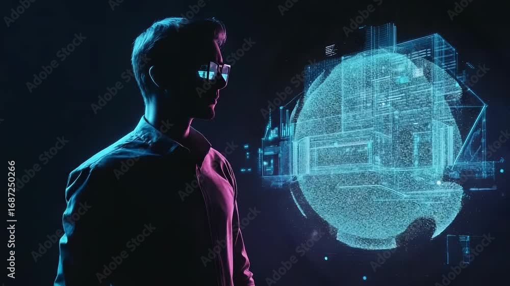 Poster architect designing futuristic buildings using virtual reality technology