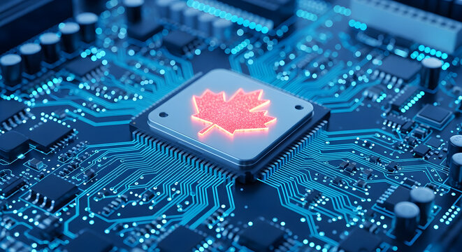 Canadian technology innovation glowing maple leaf on circuit board - Powered by Adobe