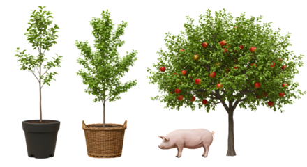 FARMING - Potted apple trees in different growth stages with a pig and a mature apple tree full of red apples, isolated on white, perfect for agricultural and gardening projects