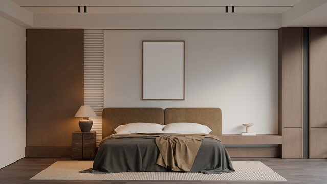 Modern Minimalist Bedroom Interior with Single A0 Frame Poster Mockup
