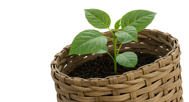 Fototapeta FARMING - Young green plant growing in wicker basket with soil on white background, symbolizing growth and nature, perfect for gardening and environment themes