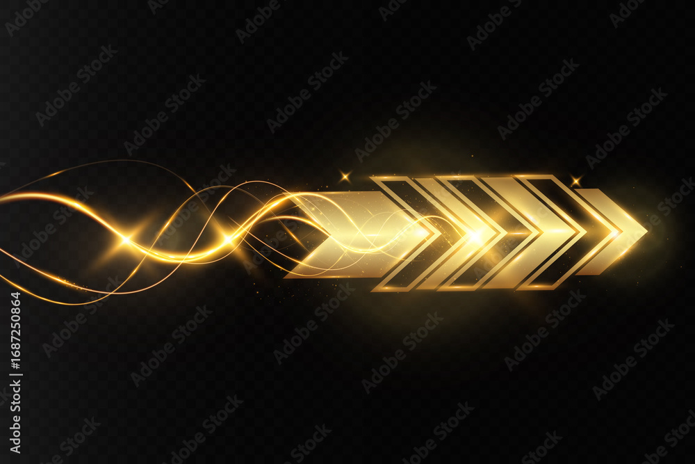 Poster golden glowing arrow with light trail and abstract wave motion effect on dark transparent background