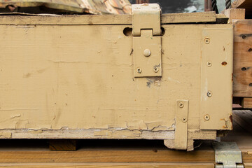 Old wooden box military brown on the theme of army supply and storage and transportation