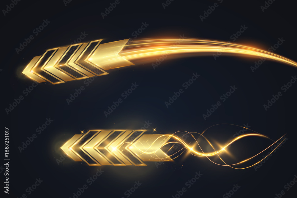 Poster golden glowing arrow with light trail and abstract wave motion effect on dark transparent background