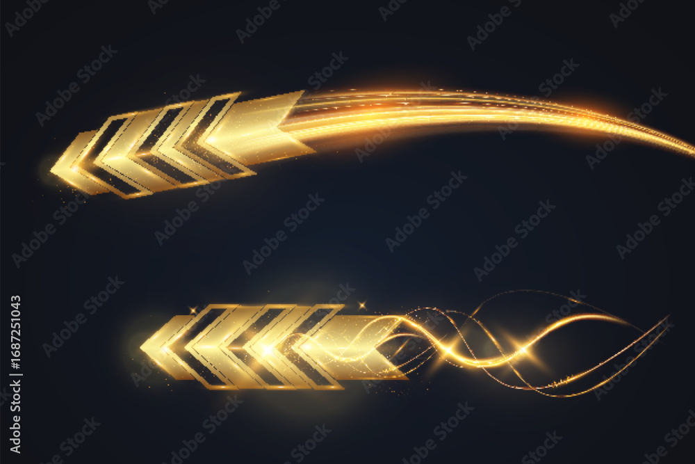Poster golden glowing arrow with light trail and abstract wave motion effect on dark transparent background