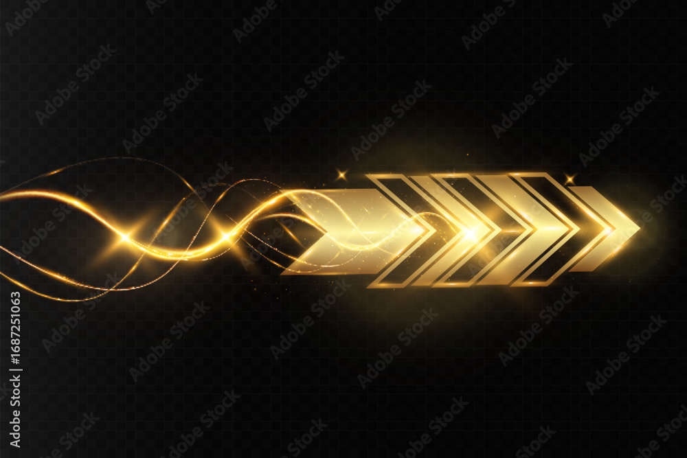 Poster golden glowing arrow with light trail and abstract wave motion effect on dark transparent background