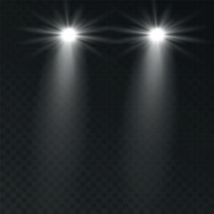 Cars light effect. White glow car headlight bright beams ray isolated on transparent background 