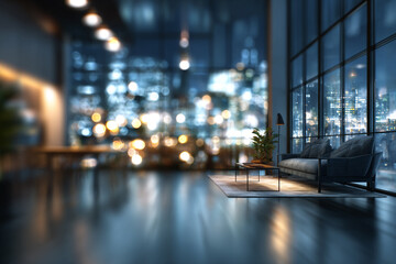 Fototapeta premium Modern apartment living room at night city view cozy sofa and coffee table