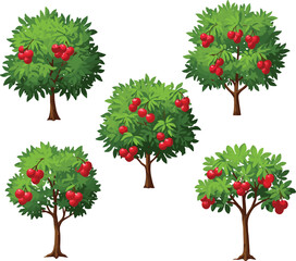 Fototapeta premium Cartoon apple trees illustration, green foliage with red apples, orchard nature scene, fruit harvest concept, educational agriculture design, vector art background