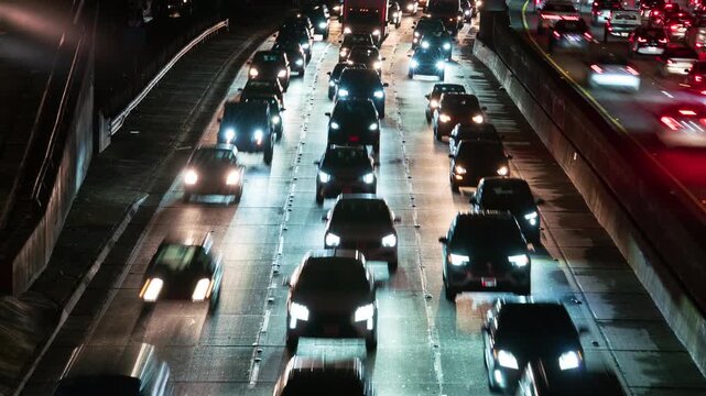 NIght Time Lapse of Los Angeles Downtown Moving Cars Lights 200mm California USA