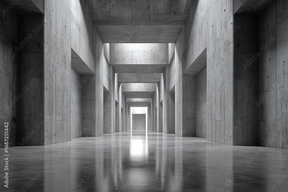 Poster long concrete corridor with natural light shining through overhead openings creating shadows and ref