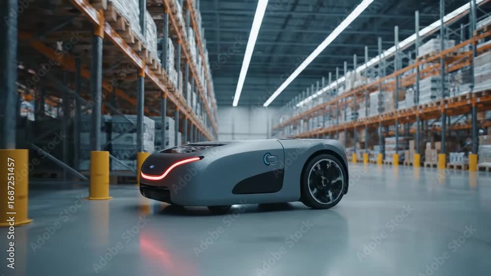 Poster autonomous robot navigating modern warehouse - a sleek, gray autonomous mobile robot with a red rear