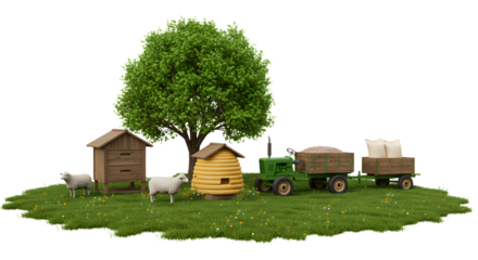 FARMING - Miniature farm diorama with tiny sheeps, green tractor, wooden farmhouses, and grassy field for agricultural or rural concept photography