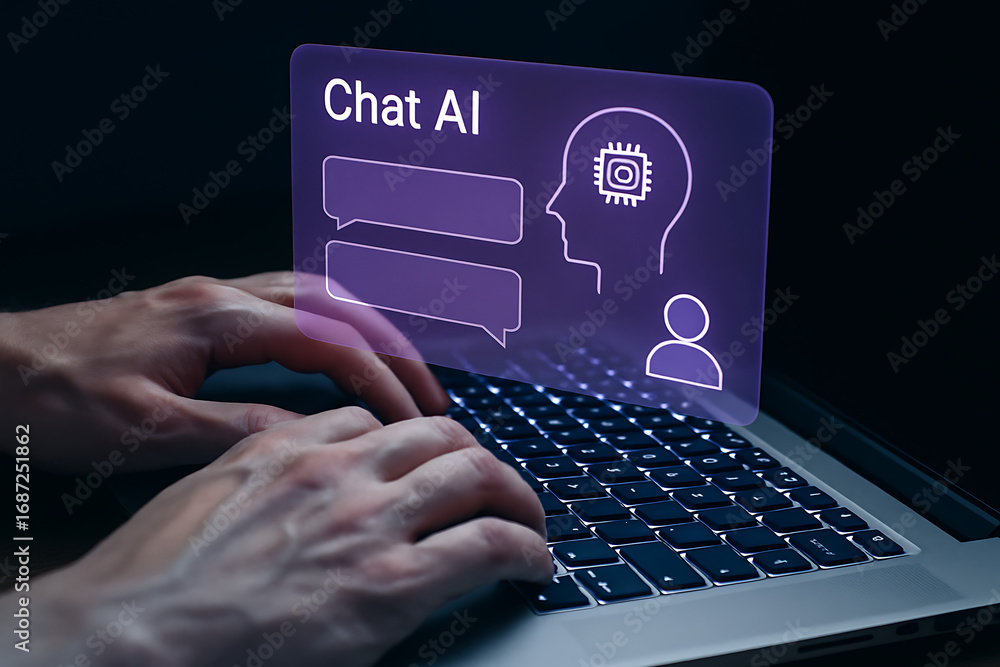 Poster a person is typing on a laptop, with a transparent futuristic chat ai interface with a head icon and