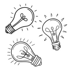 Three Hand-Drawn Light Bulbs with Radiating Lines Black and White Sketch.