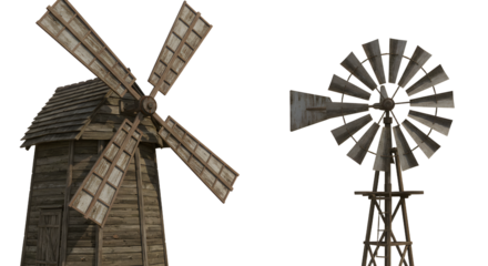 FARMING - Old wooden windmills isolated on white background, vintage rustic structures, perfect for historical or countryside themes