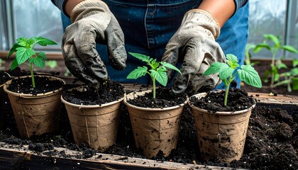 Hands planting young tomato seedlings in small pots