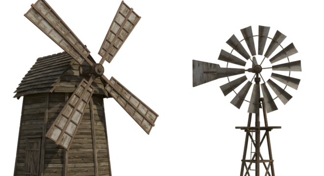 FARMING - Old wooden windmills isolated on white background, vintage rustic structures, perfect for historical or countryside themes