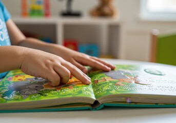 Childs hands pointing at an open storybook with colorful illustrations, learning to read.