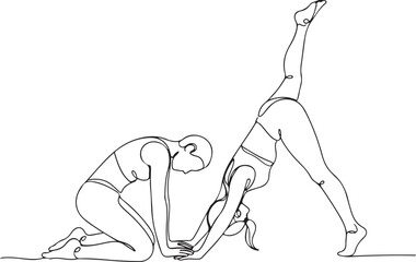 Two Women Performing Yoga Poses in Line Art meditation