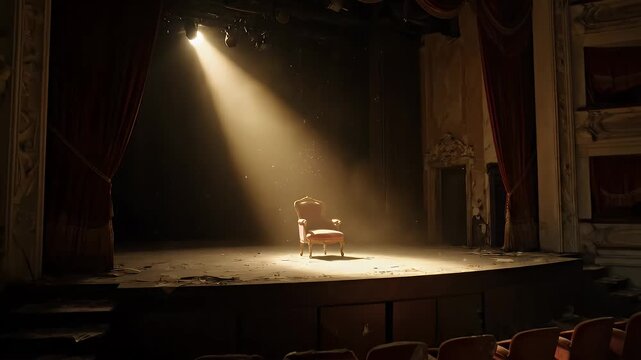 Dramatic spotlight illuminates a solitary, antique chair on the decaying stage of an abandoned, grand theatre, evoking a powerful sense of forgotten glory and melancholy mystery.
