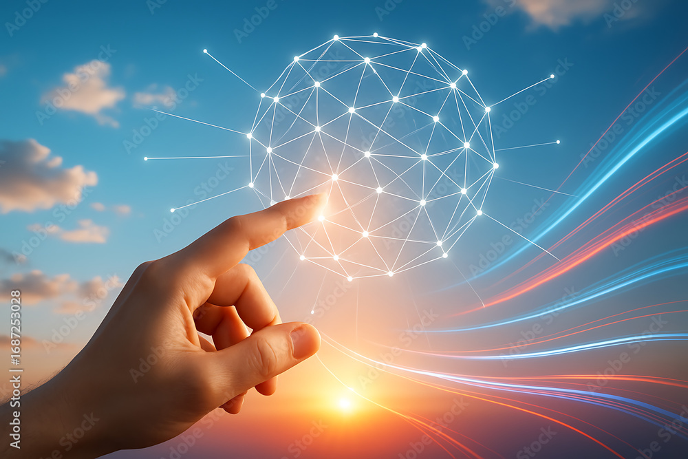 Aufkleber a human hand is reaching out and touching a digital globe with a network of interconnected nodes and