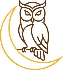Owl perched on crescent moon gold line art