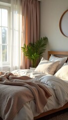 Serene bedroom, soft natural light streams through sheer curtains onto a plush bed with fluffy pillows and a cozy throw blanket Perfect for relaxation and peaceful sleep , morning light, window