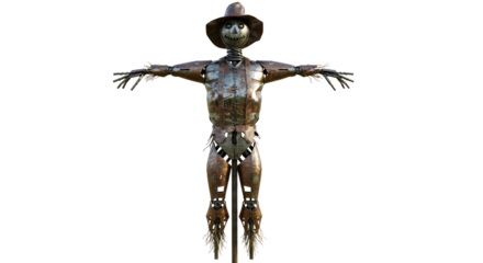 FARMING - Rustic metal scarecrow statue with a hat and outstretched arms isolated on white background, perfect for autumn and Halloween decorations