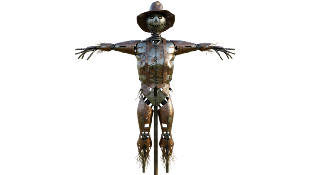 FARMING - Rustic metal scarecrow statue with a hat and outstretched arms isolated on white background, perfect for autumn and Halloween decorations