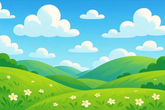 Whimsical cartoon landscape featuring rolling green hills with vibrant blue sky and fluffy white clouds