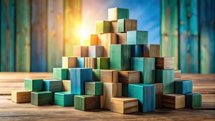 A Colorful Arrangement of Wooden Blocks Forming a Pyramid Shape on a Wooden Surface, Illuminated by Soft Light