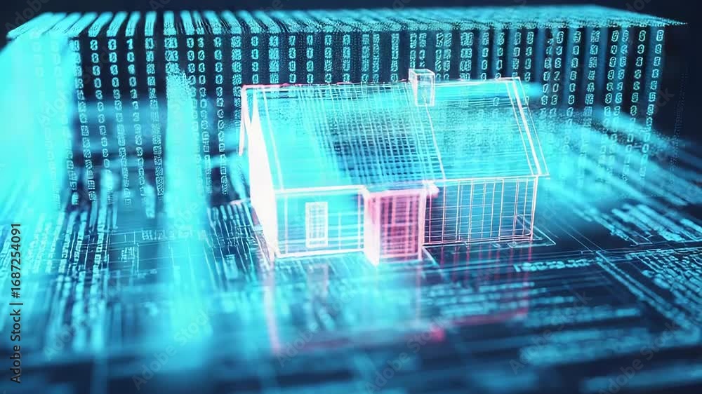 Poster futuristic hologram of a house emerging from programming code
