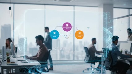 Sustainable Business Practices and ESG Investing - Blurred video of diverse businesspeople working in a modern office, with an overlay of a digital, futuristic human figure symbolizing ESG investing - Powered by Adobe