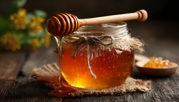golden honey in jar with wooden honey dipper rustic etting