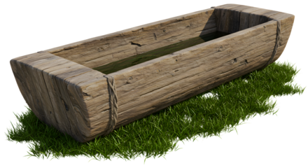 FARMING - Rustic wooden trough on grass background isolated on white, vintage farm water container perfect for agriculture and gardening themes