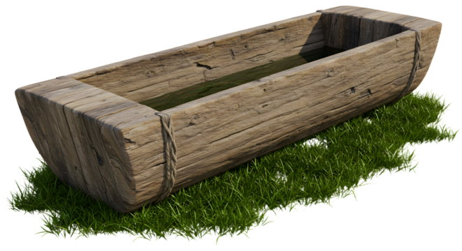 FARMING - Rustic wooden trough on grass background isolated on white, vintage farm water container perfect for agriculture and gardening themes