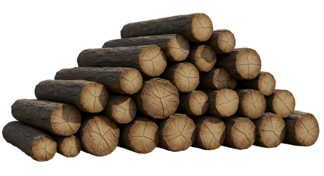FARMING - Stack of cut wooden logs piled in triangular formation isolated on white background, perfect for construction and firewood projects