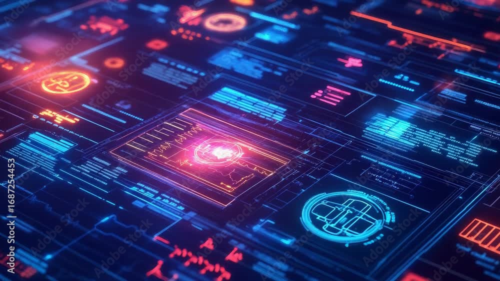 Poster futuristic user interface displaying complex data analysis and information processing