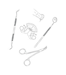 Orthodontic align teeth plate with dental examination tools drawing in graphic style with black on white background.